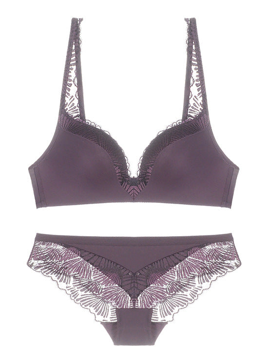 Smooth Cup Lace Trim Bra and Panty Set-Purple-Theone Apparel