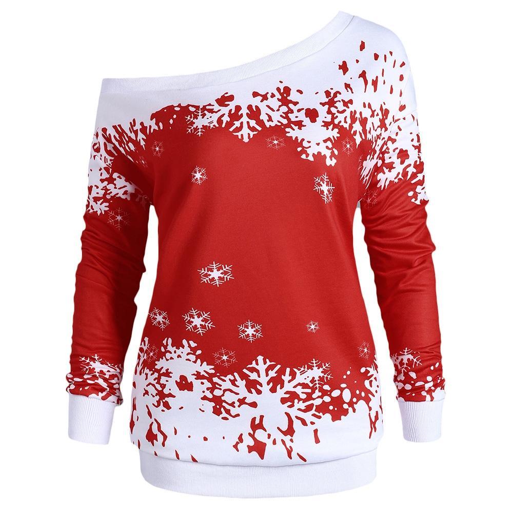 Snowflake One Shoulder Plus Size Sweatshirt-Dark Red-Theone Apparel