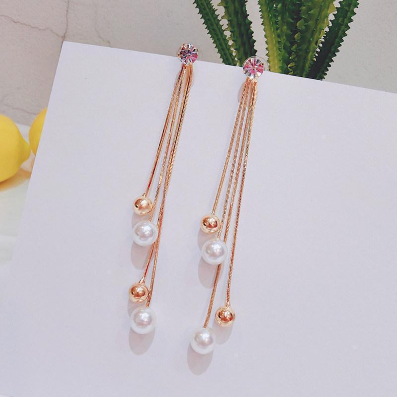 Sparkly Triple Tassel Pearl Earrings-Gold-Theone Apparel