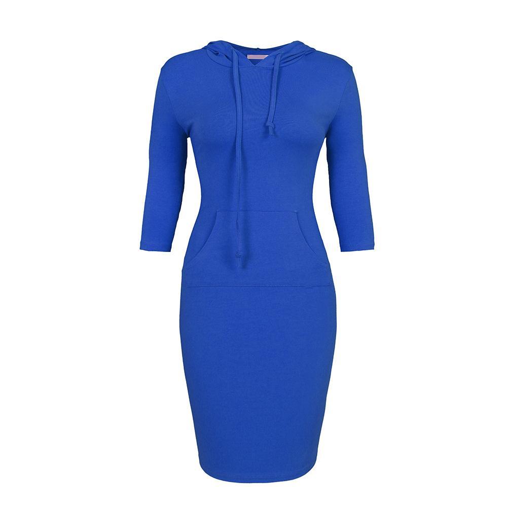 Sporty Drawstring Hood Sweater Dress-Blue-Theone Apparel