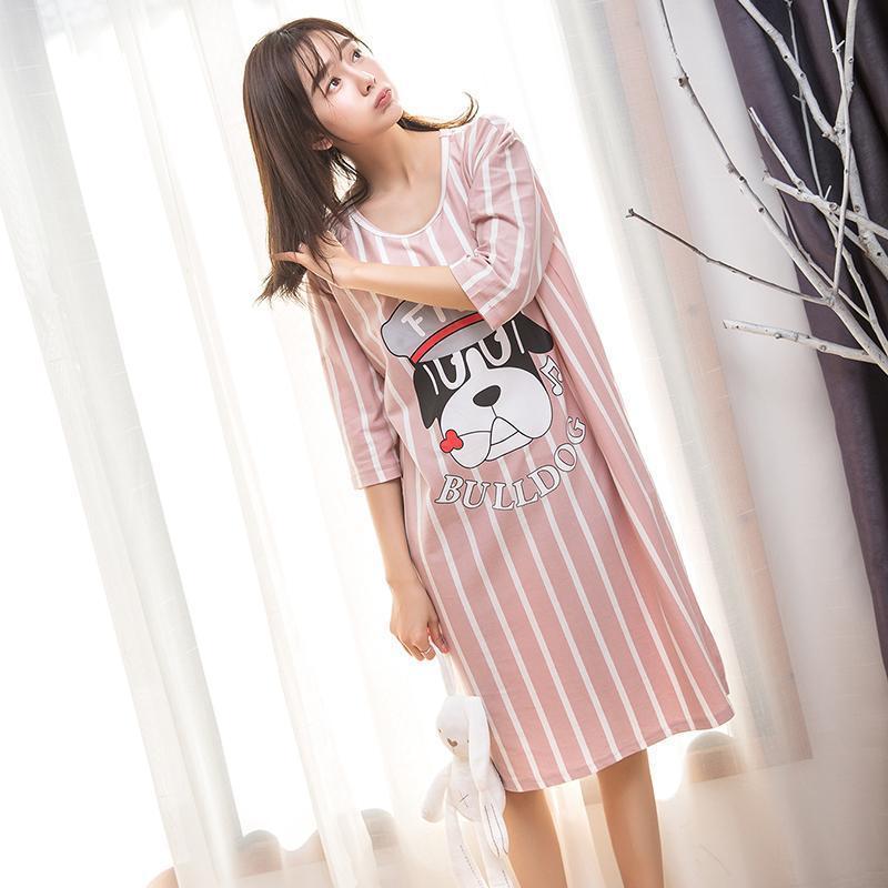 Striped Doggy Print Sleep Shirt-Pink-Theone Apparel