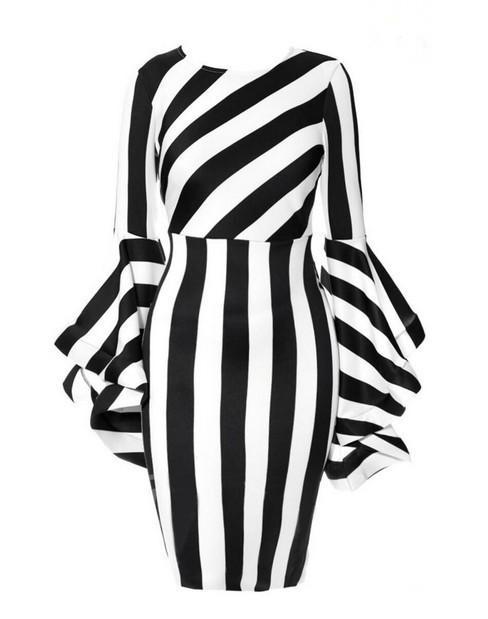 Striped Ruffle Bell Sleeve Dress-Black/White-Theone Apparel