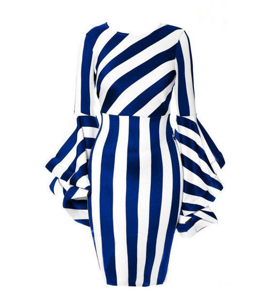 Striped Ruffle Bell Sleeve Dress-Blue/White-Theone Apparel