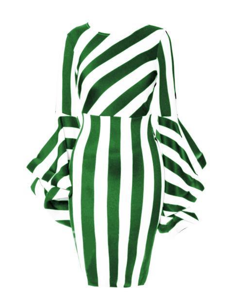 Striped Ruffle Bell Sleeve Dress-Green/White-Theone Apparel