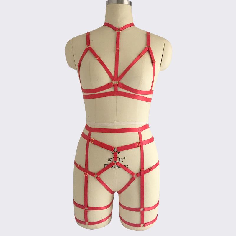 Two Piece Strappy Bondage Cage Set-Red-Theone Apparel