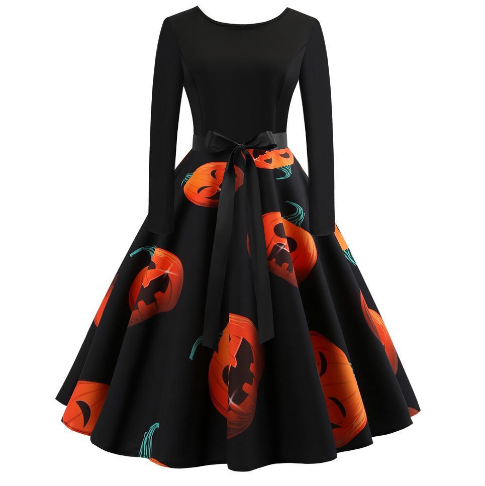 Waist Tie Holiday Print A Line Dress-Black/Orange-Theone Apparel