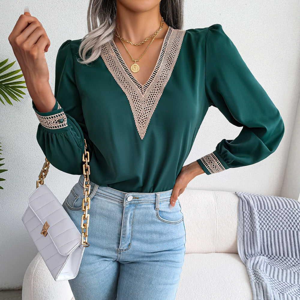 Women's V-Neck Knitted Long Sleeved Blouse-Green-Theone Apparel