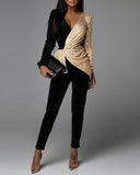 Black and Gold Asymmetrical Body Suit with Skinny Pants - THEONE APPAREL