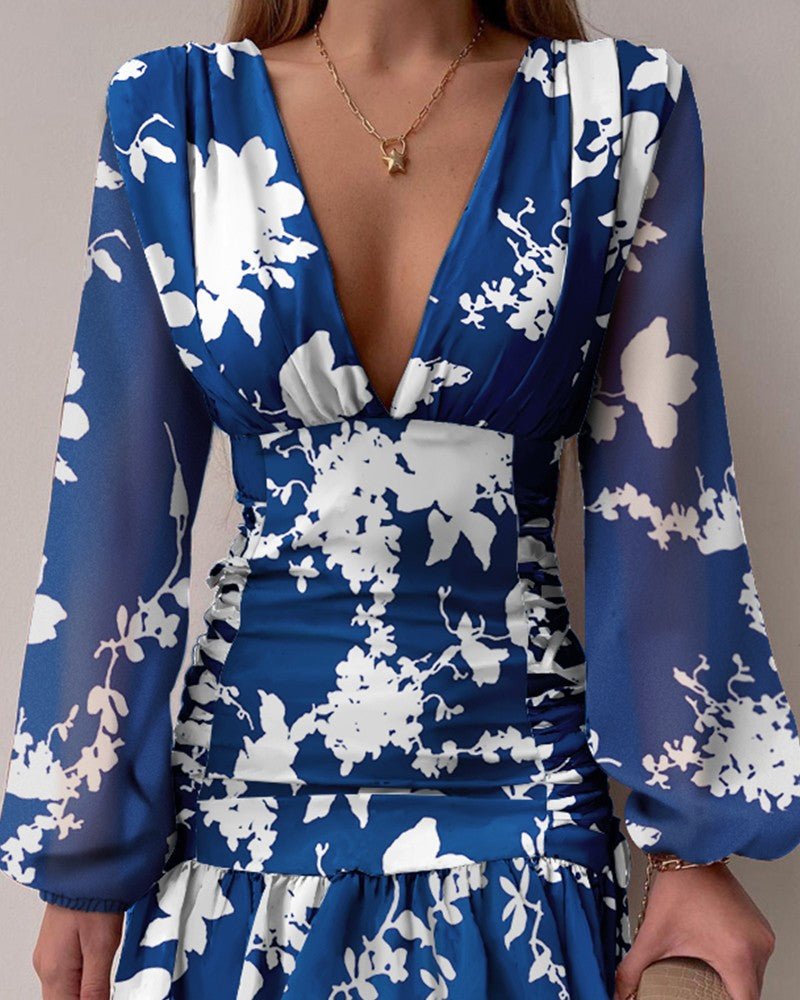 Blue and White Large Floral Print V-neck Midi Dress - THEONE APPAREL