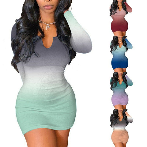 Body Con Ombre Colored Long Sleeve Dress - THEONE APPAREL
