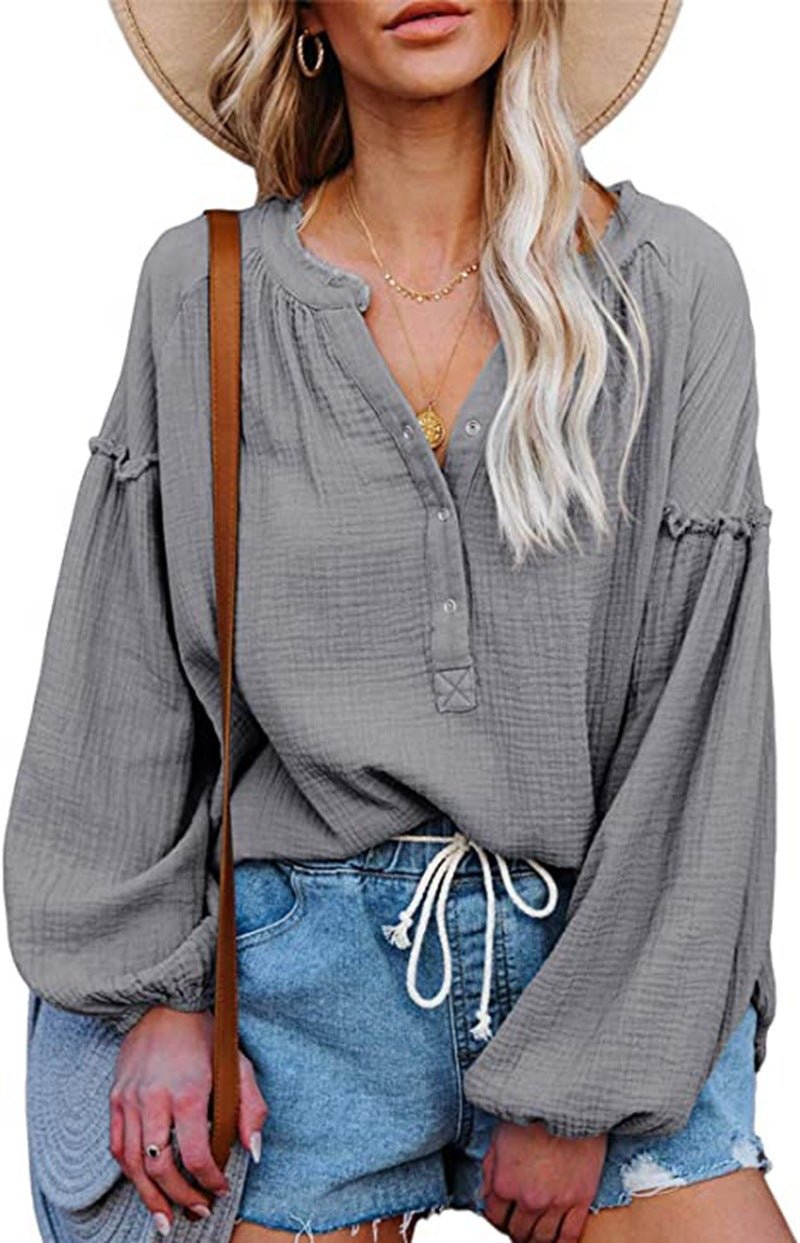 Button Up V-Neck Long Loose Sleeved Top - THEONE APPAREL