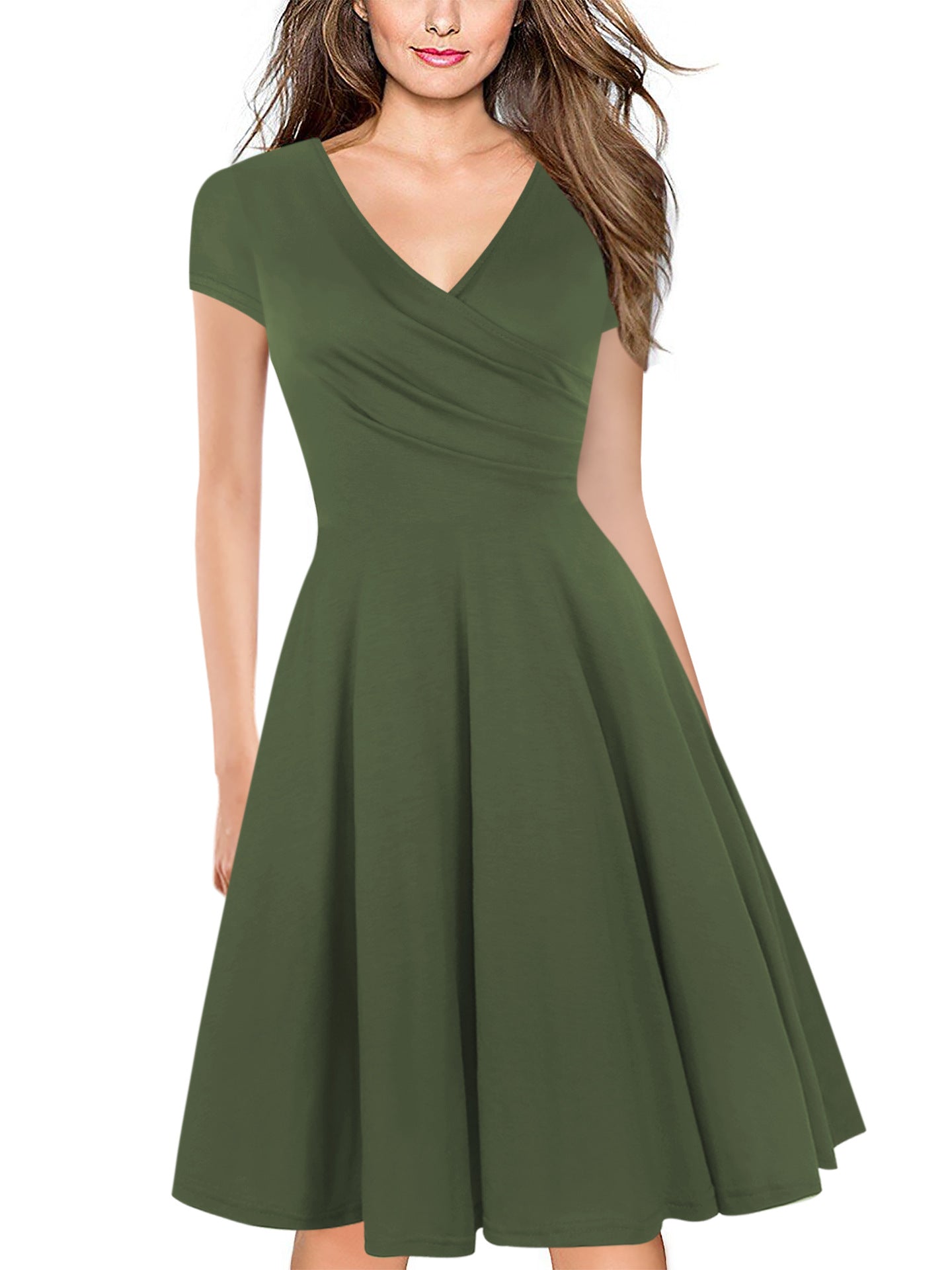 Cap Sleeve V-Neck Surplice Dress - THEONE APPAREL