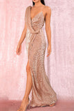 Champagne Pink Dress with Wrapped Bodice and Thigh Slit - THEONE APPAREL